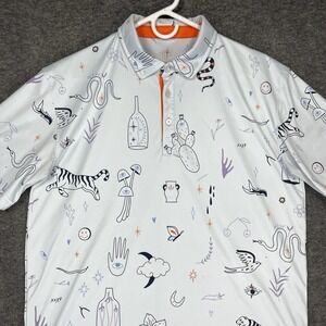 Swannies Golf Polo Mens Large Blue Brock Doodle Print Dessert Cactus mushrooms